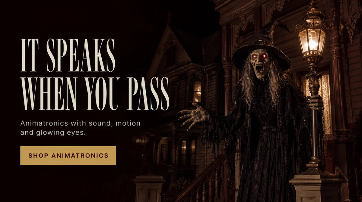 IT SPEAKS WHEN YOU PASS. Animatronics with sound, motion and glowing eyes. SHOP ANIMATRONICS